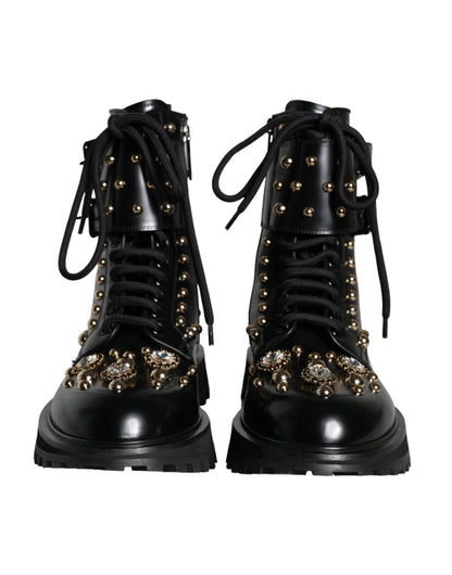 Black Leather Studs Embellished Combat Boots Shoes