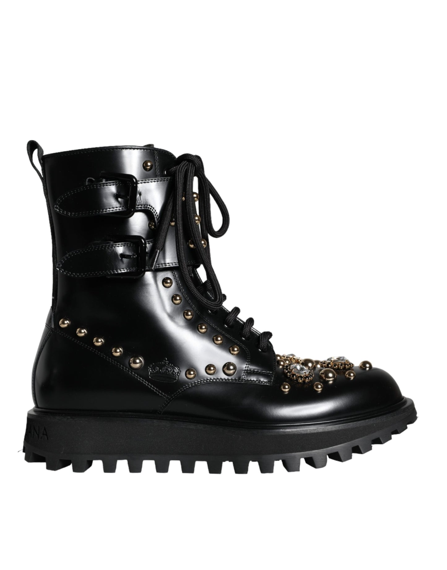 Black Leather Studs Embellished Combat Boots Shoes