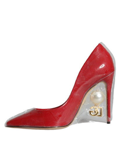 Red Patent Leather Faux Pearl Heels Pumps Shoes