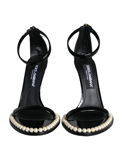 Black Keira Leather Faux Pearl Sandals Heels Shoes