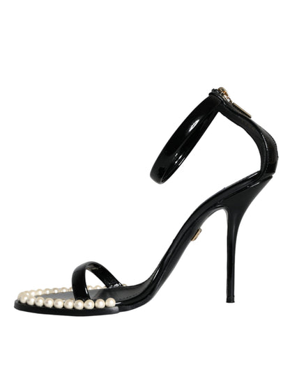 Black Keira Leather Faux Pearl Sandals Heels Shoes