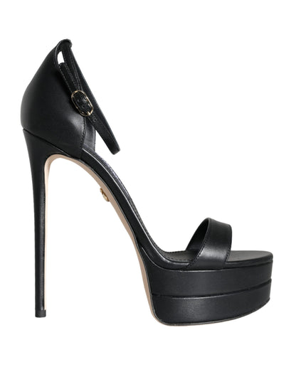 Black Lamb Leather Ankle Strap Sandals Shoes