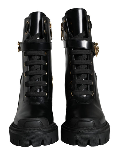 Black Calf Leather Logo Trekking Biker Boots Shoes