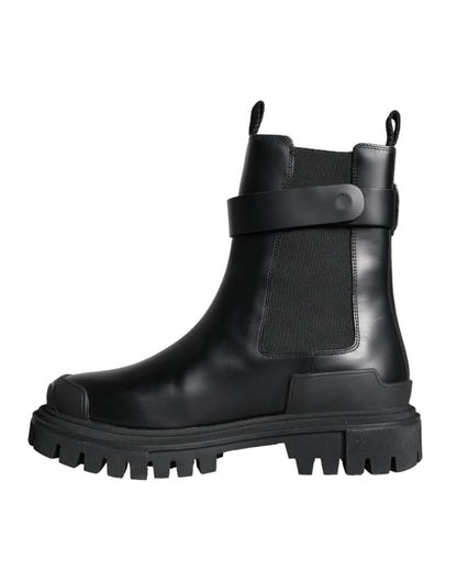 Black Leather Combat Mid Calf Boots Shoes