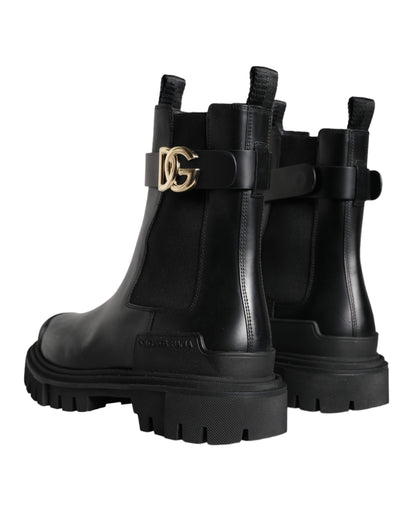 Black Leather Combat Mid Calf Boots Shoes