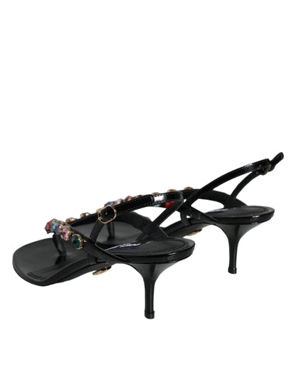 Black Leather Crystal Slingback Sandals Shoes