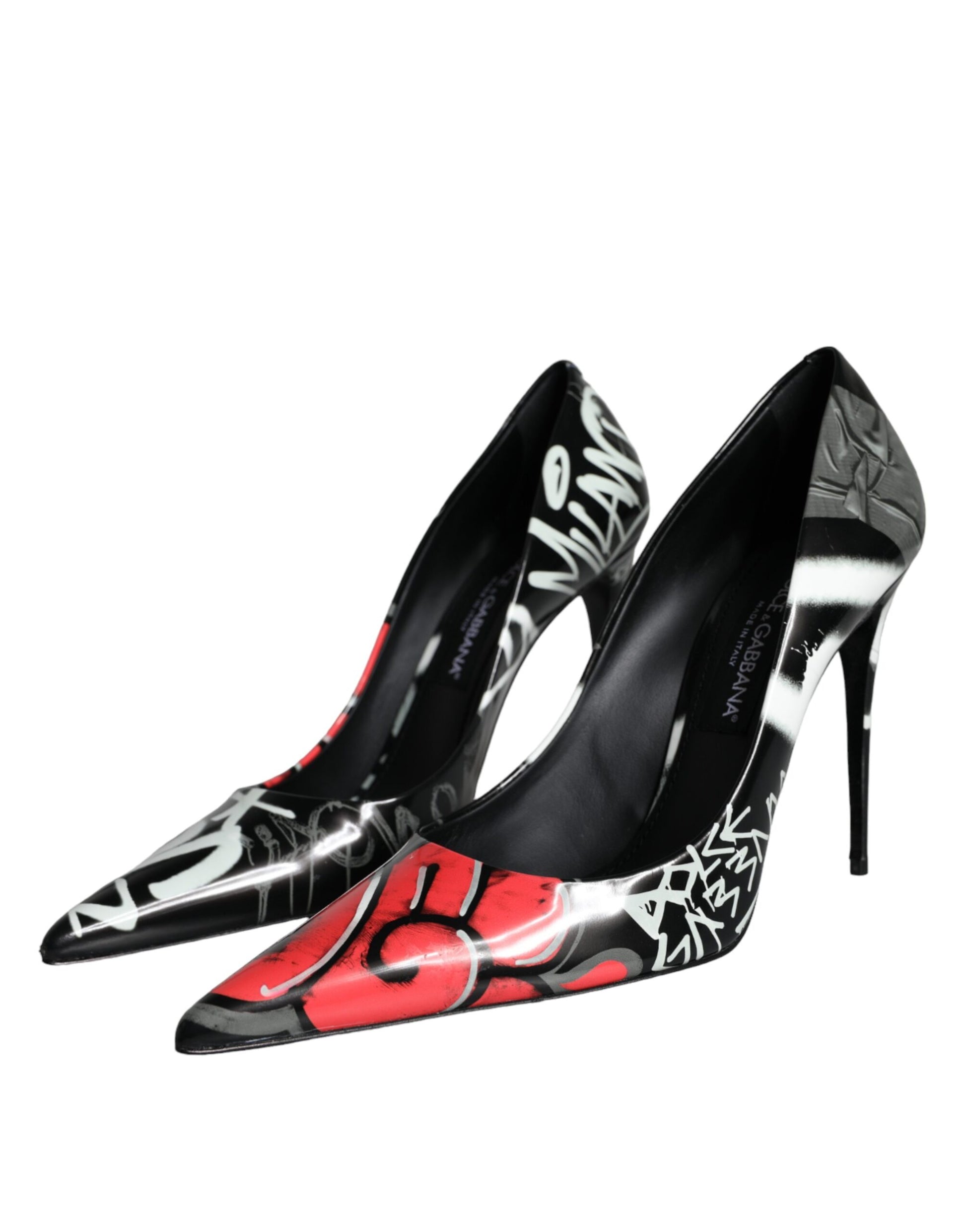 Black Graffiti Leather High Heels Pumps Shoes