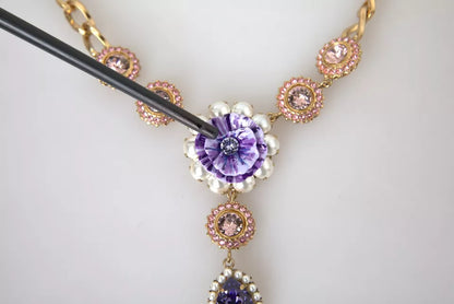 Gold Brass Crystal Purple Pink Pearl Pendants Necklace