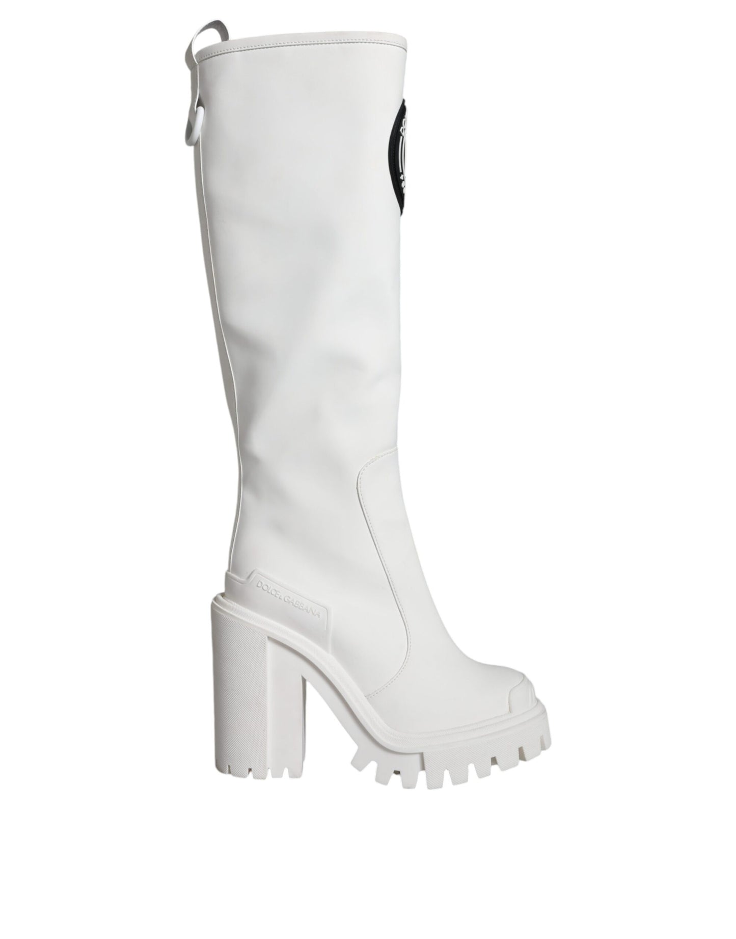 White Cotton Logo Heels Knee High Boots Shoes