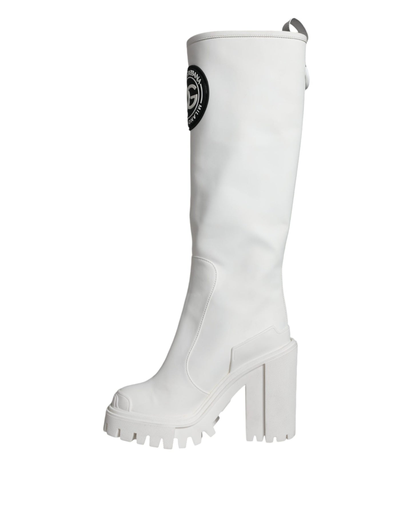 White Cotton Logo Heels Knee High Boots Shoes