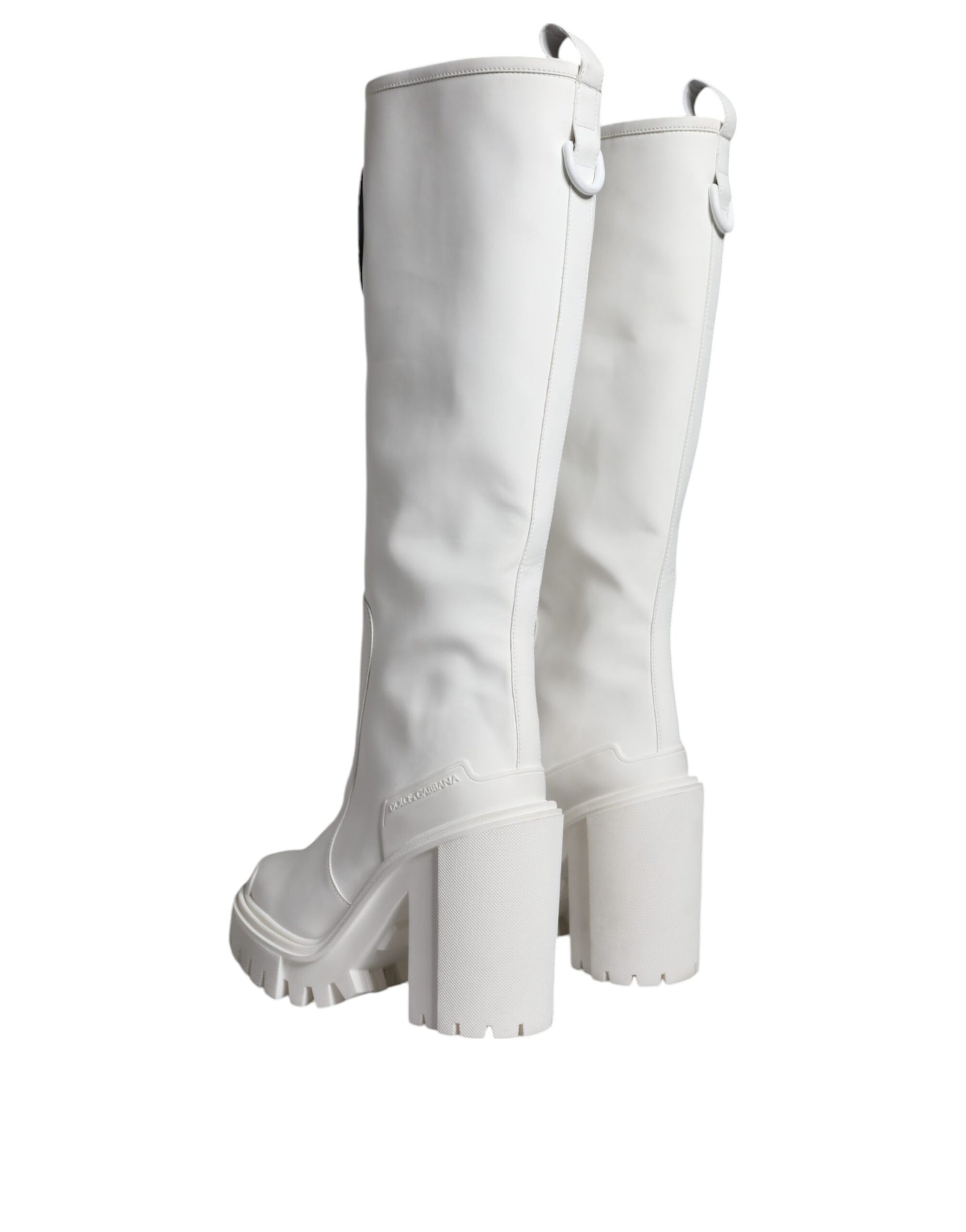 White Cotton Logo Heels Knee High Boots Shoes