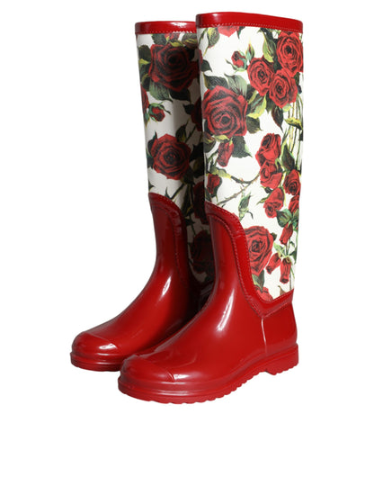 Red Floral Rubber Knee High Flat Boots Shoes