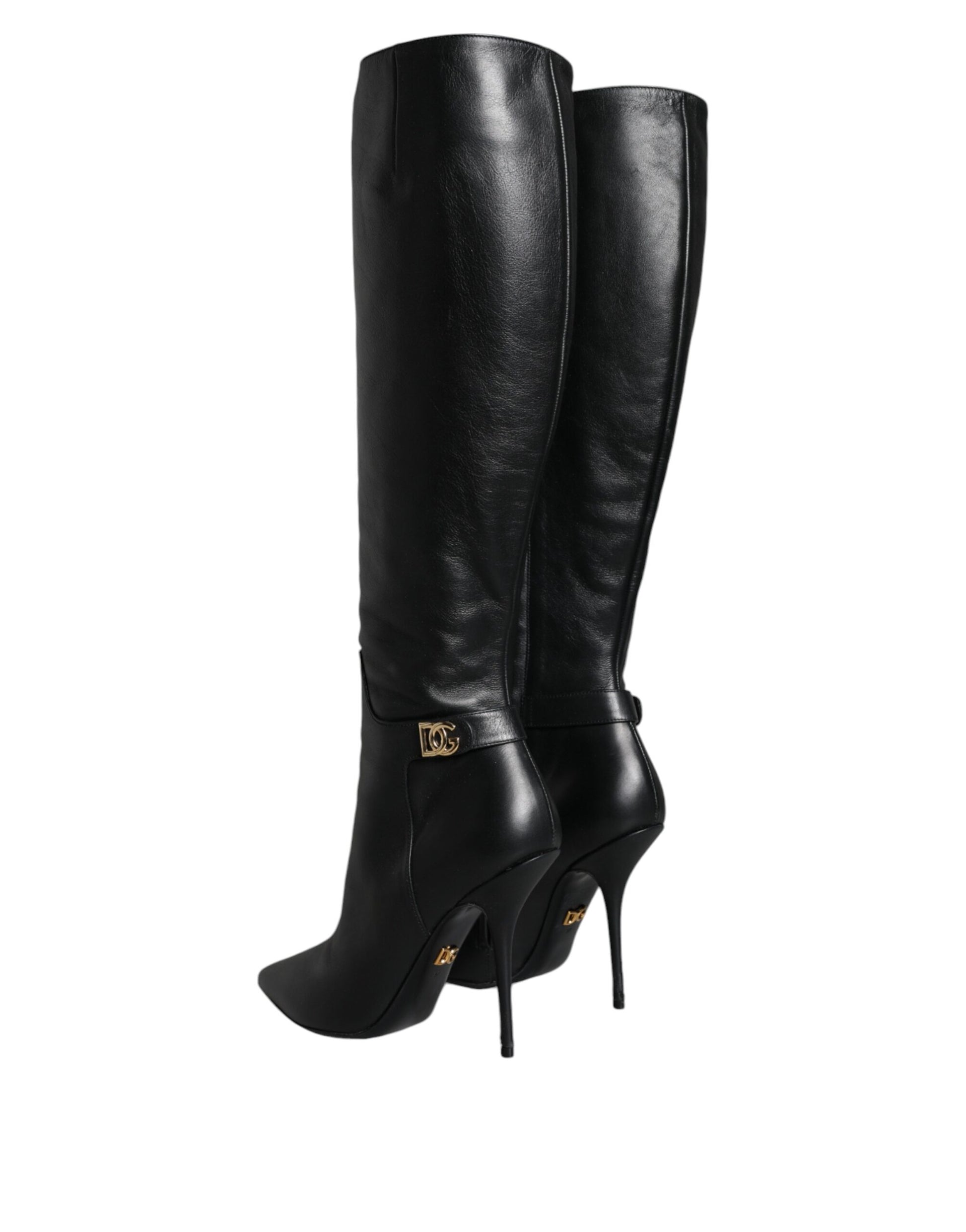 Black Leather Gold Tone Logo High Boots Shoes