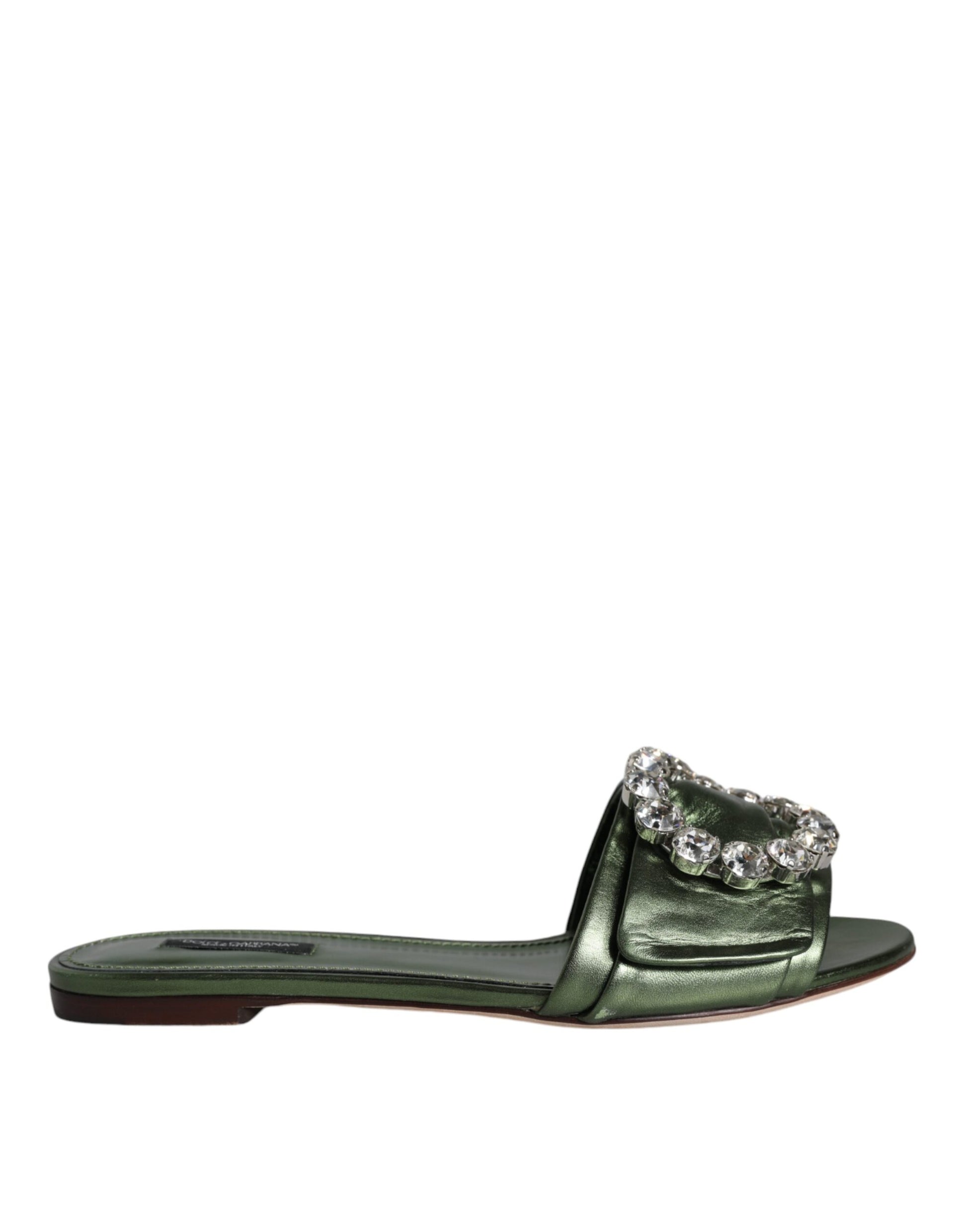 Metallic Green Crystal Leather Flats Sandals Shoes