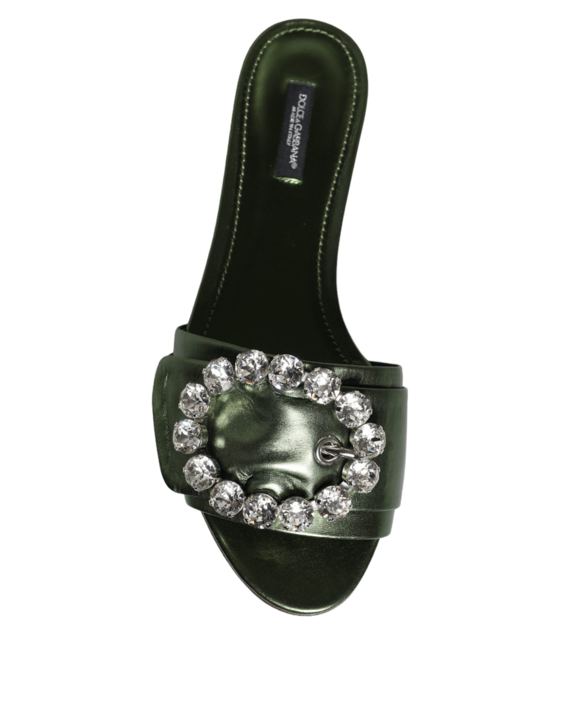 Metallic Green Crystal Leather Flats Sandals Shoes