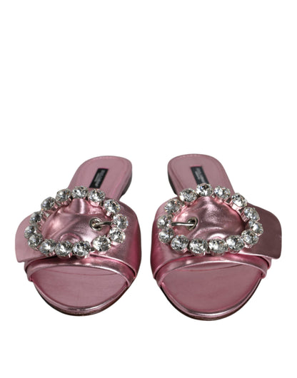 Metallic Pink Crystal Leather Flats Sandals Shoes