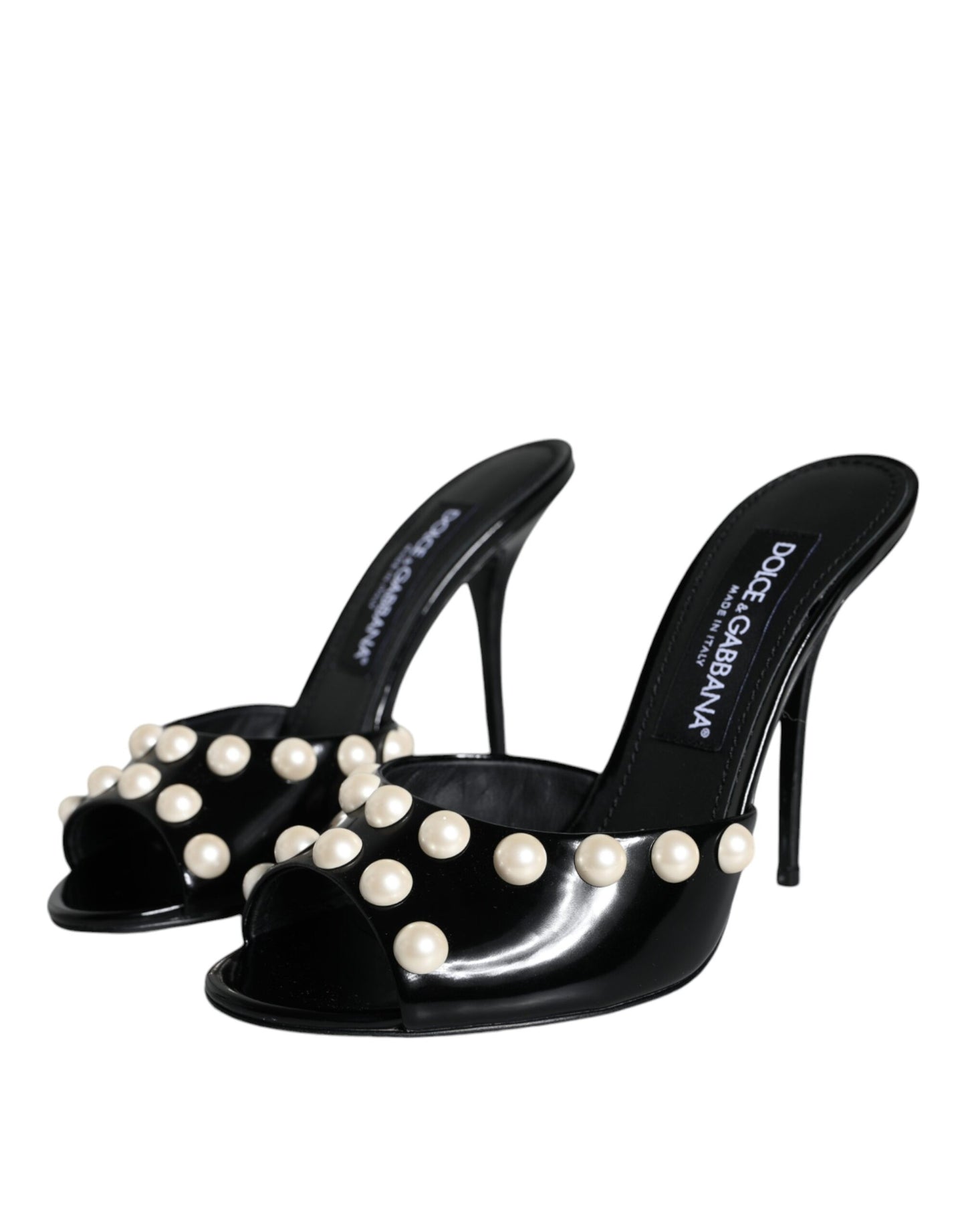 Black Leather Pearls Slides Sandals Shoes