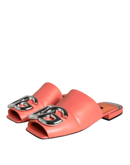 Pink Salmon Leather Flat Slides Sandals Shoes