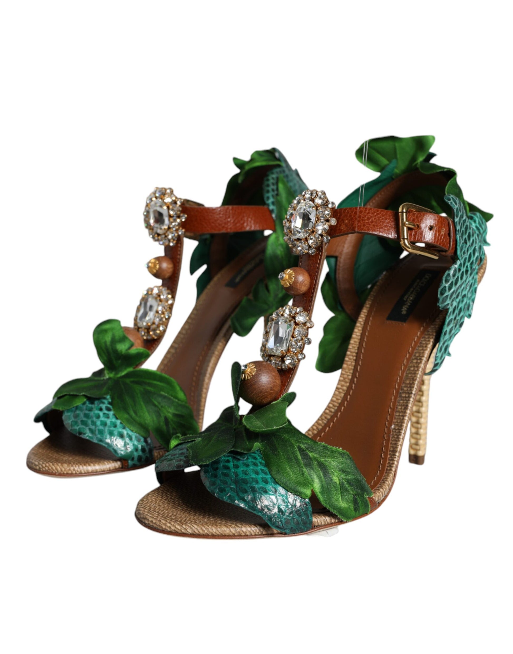 Emerald Embellished Leather Heels Sandals Shoes