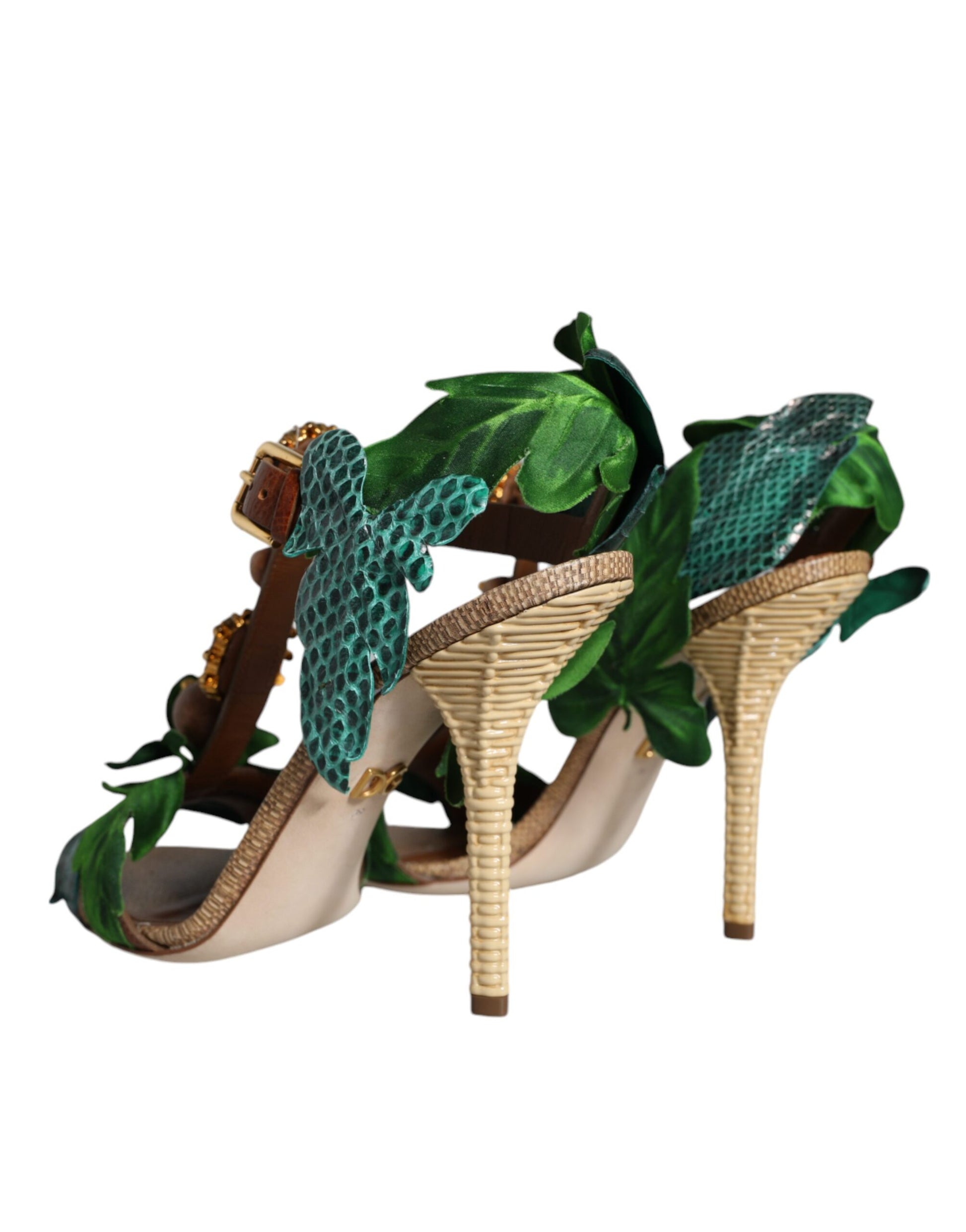 Emerald Embellished Leather Heels Sandals Shoes