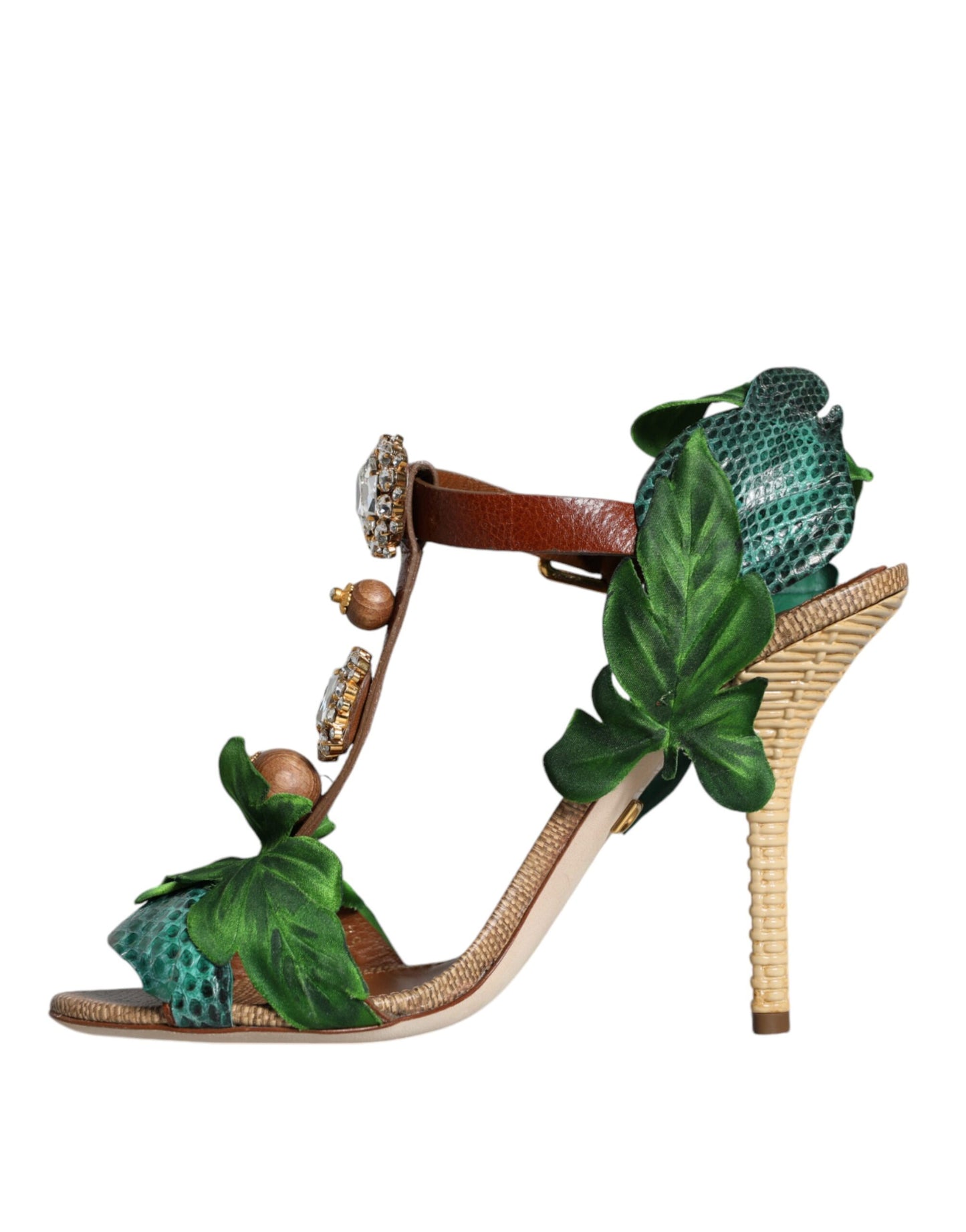 Emerald Embellished Leather Heels Sandals Shoes