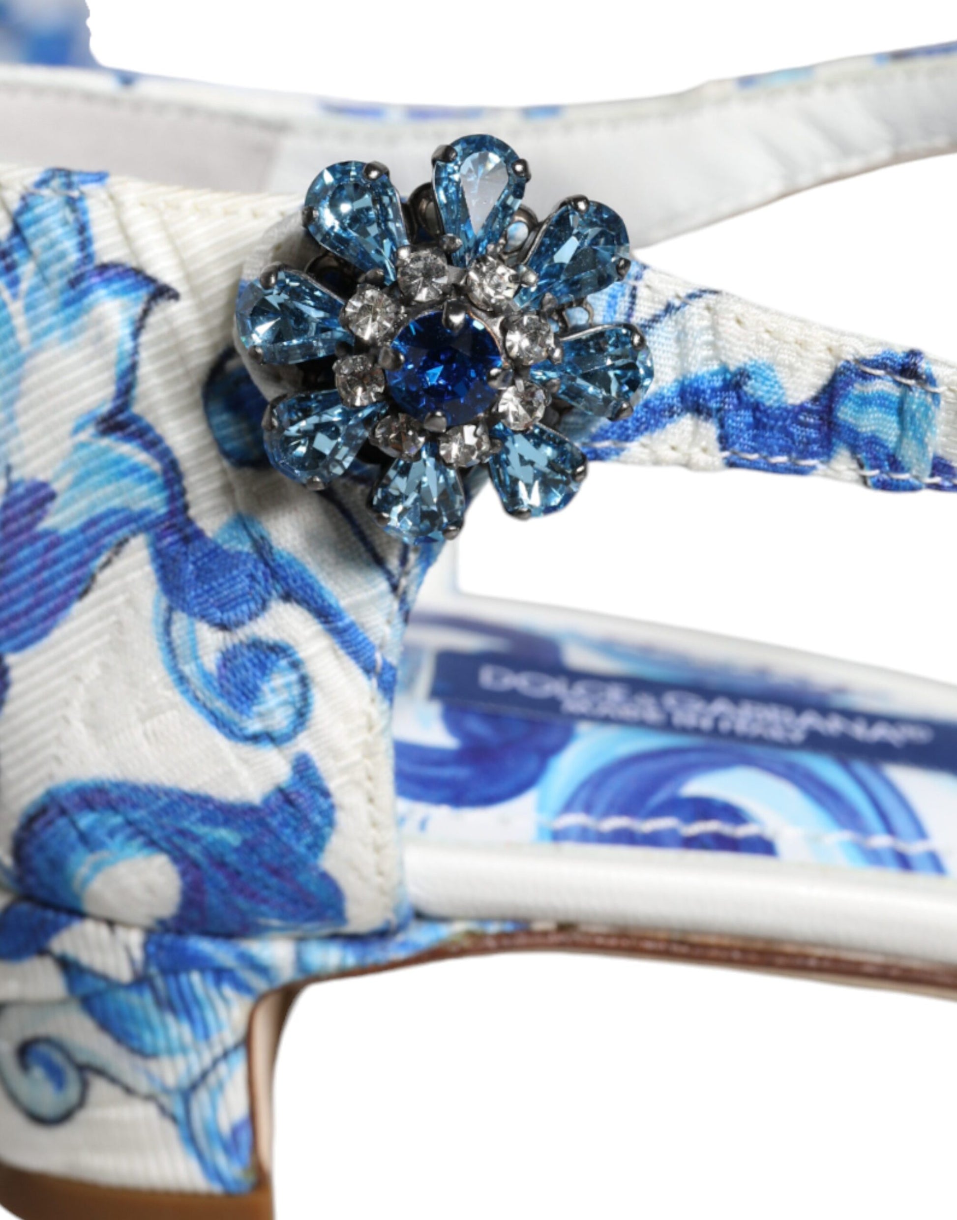 White Blue Majolica Print Ankle Strap Sandals Shoes