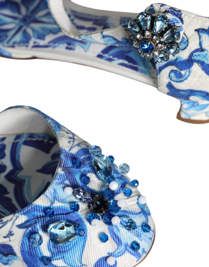 White Blue Majolica Print Ankle Strap Sandals Shoes