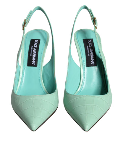 Mint Green Leather Heels Slingback Pumps Shoes