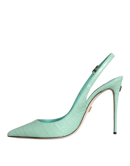 Mint Green Leather Heels Slingback Pumps Shoes