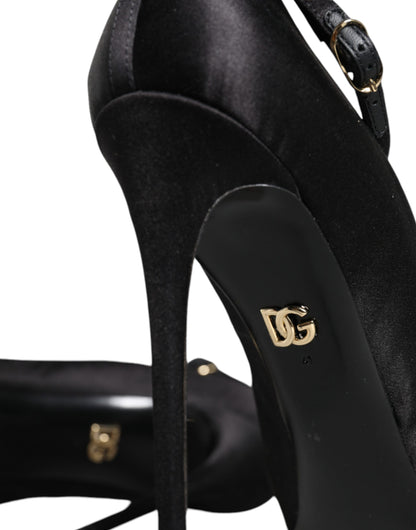 Black Satin Ankle Strap Heels Pumps Shoes