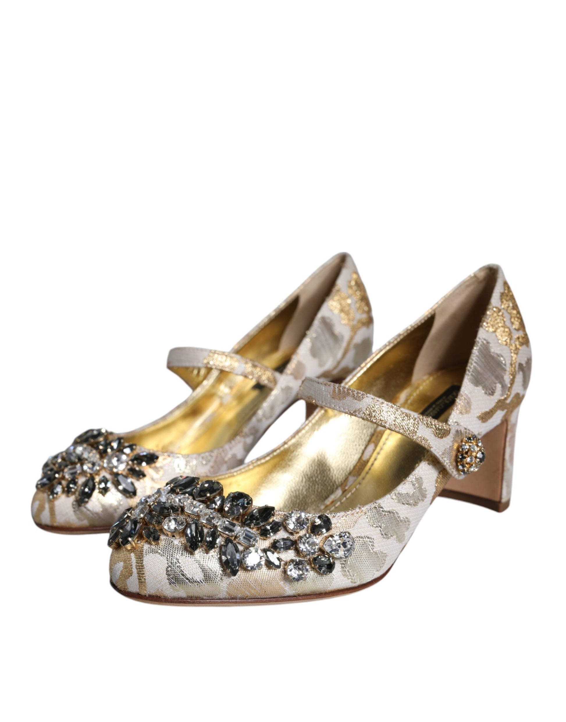 Gold Jacquard Crystal Mary Janes Pumps Shoes