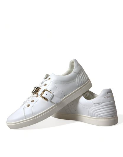 White Leather Gold Buckle Sneakers Shoes