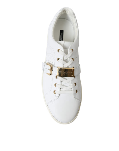 White Leather Gold Buckle Sneakers Shoes