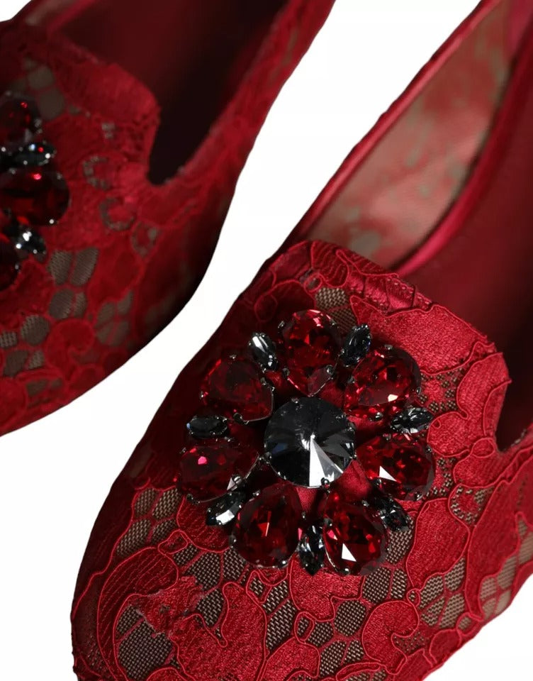 Red Lace Crystal Ballet Flats Loafers Shoes