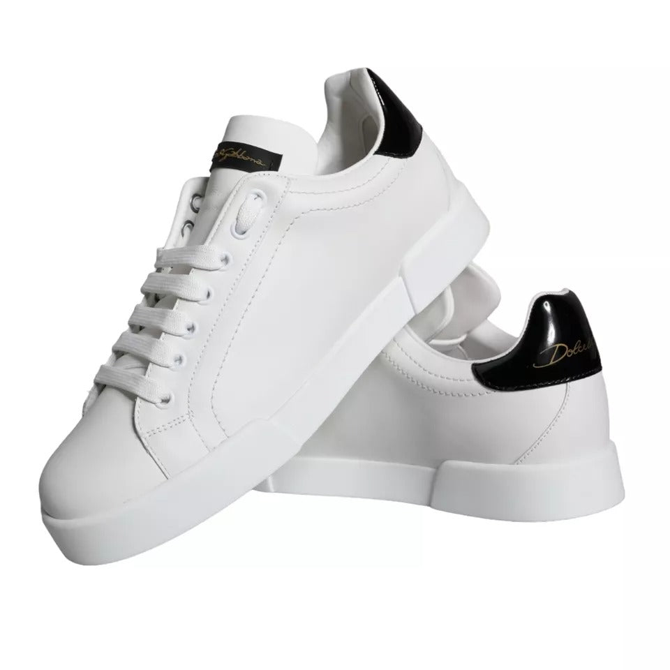 White Black Leather Low Top Sneakers Shoes