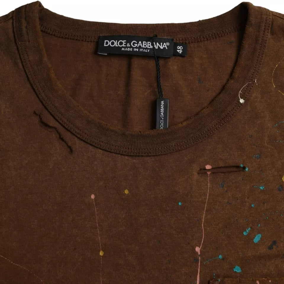 Brown Color Splash Cotton Crew Neck T-shirt