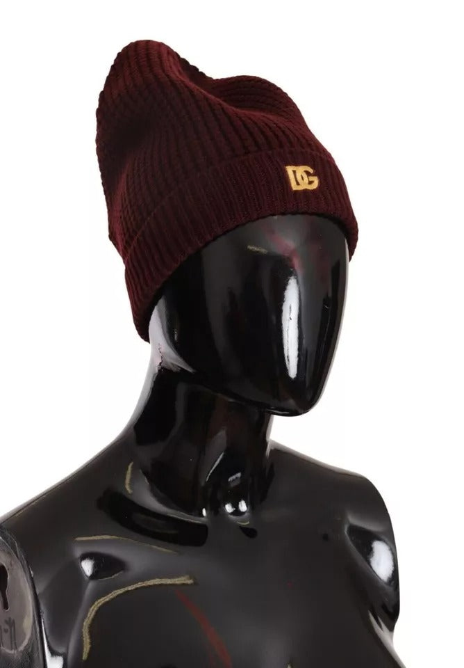 Dark Red Wool Knit Women Logo Beanie Cap Hat