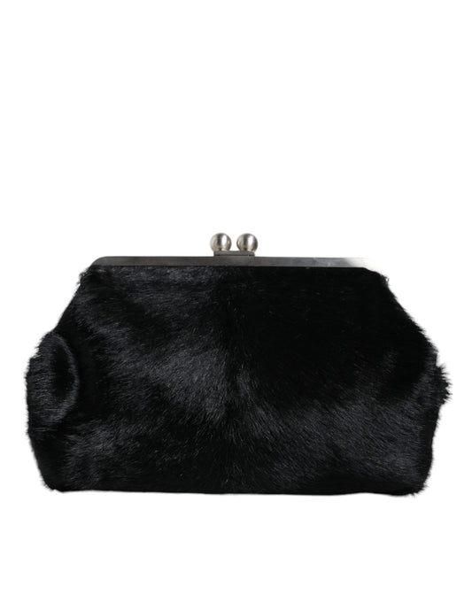 Black Fur Handbag Clutch Purse Pouch Bag