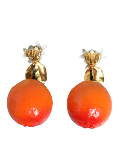 Gold Tone Brass Crystals Orange Lily Clip On Earrings