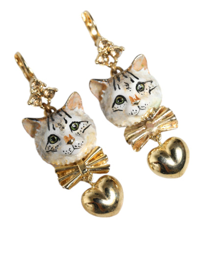 Gold Brass Heart Cat Crystal Pendant Clip Drop Earrings