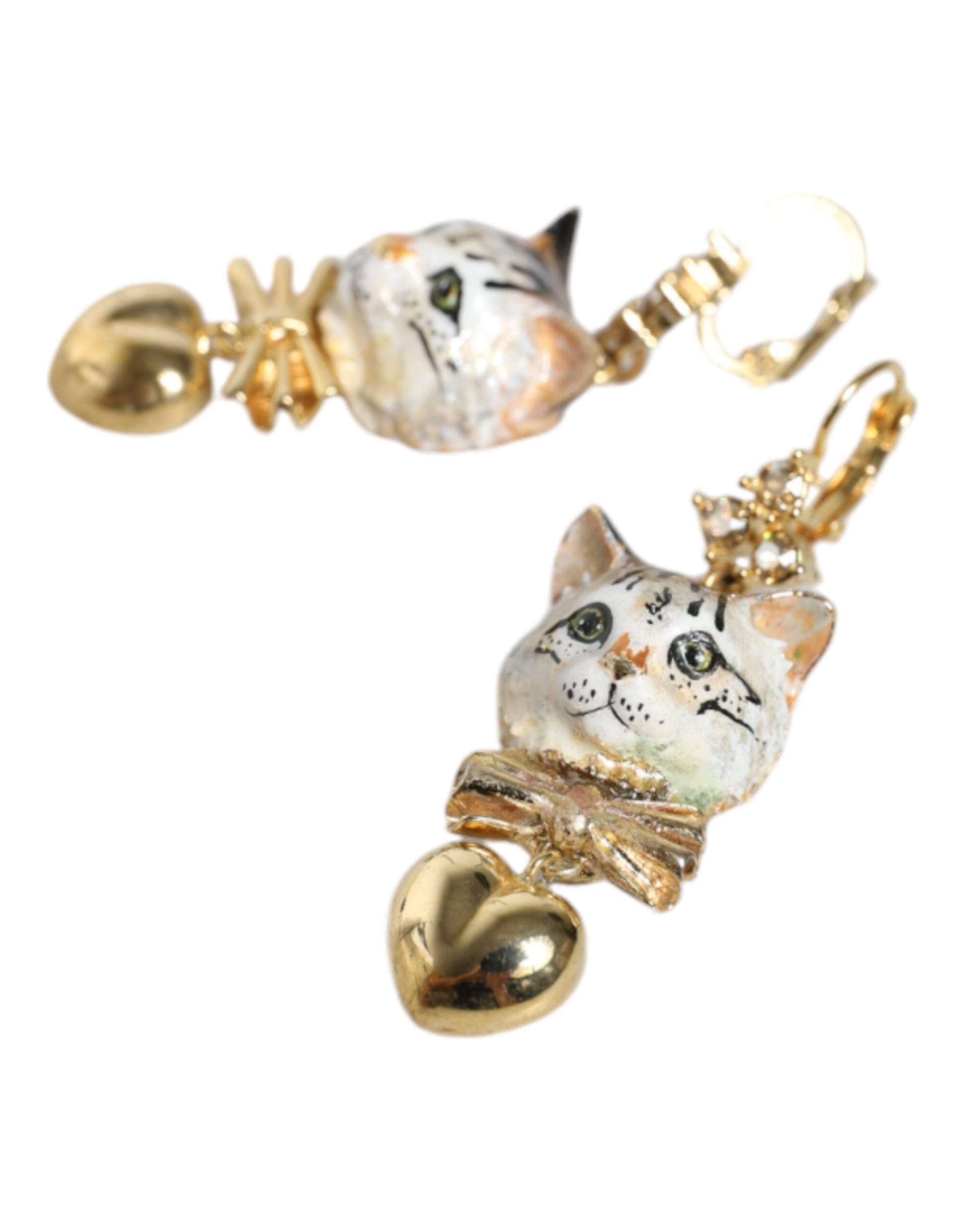 Gold Brass Heart Cat Crystal Pendant Clip Drop Earrings