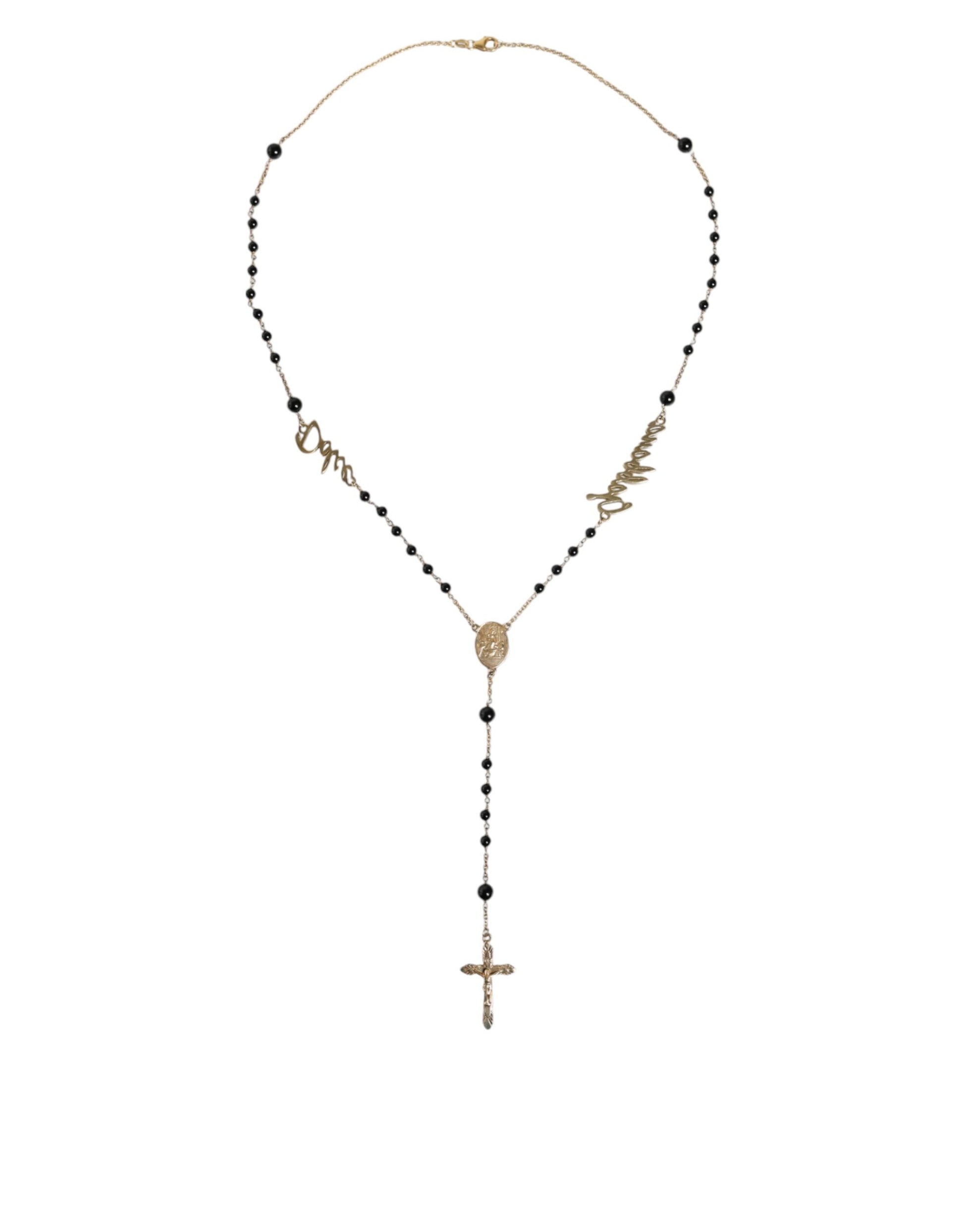 Gold Sterling Silver Black Beaded Rosary Chain Necklace