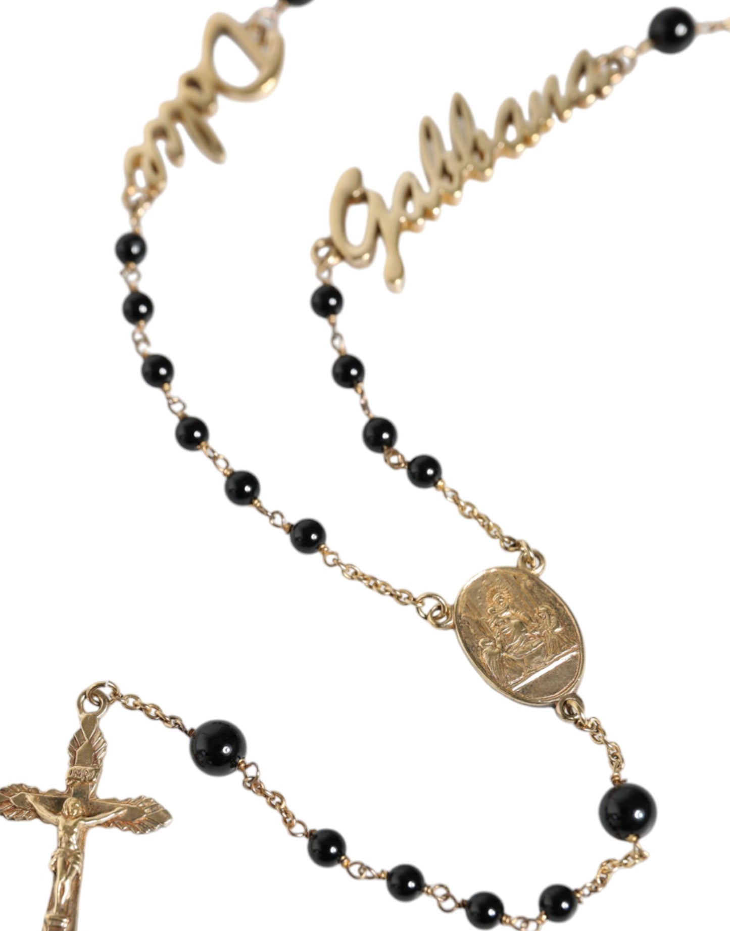 Gold Sterling Silver Black Beaded Rosary Chain Necklace