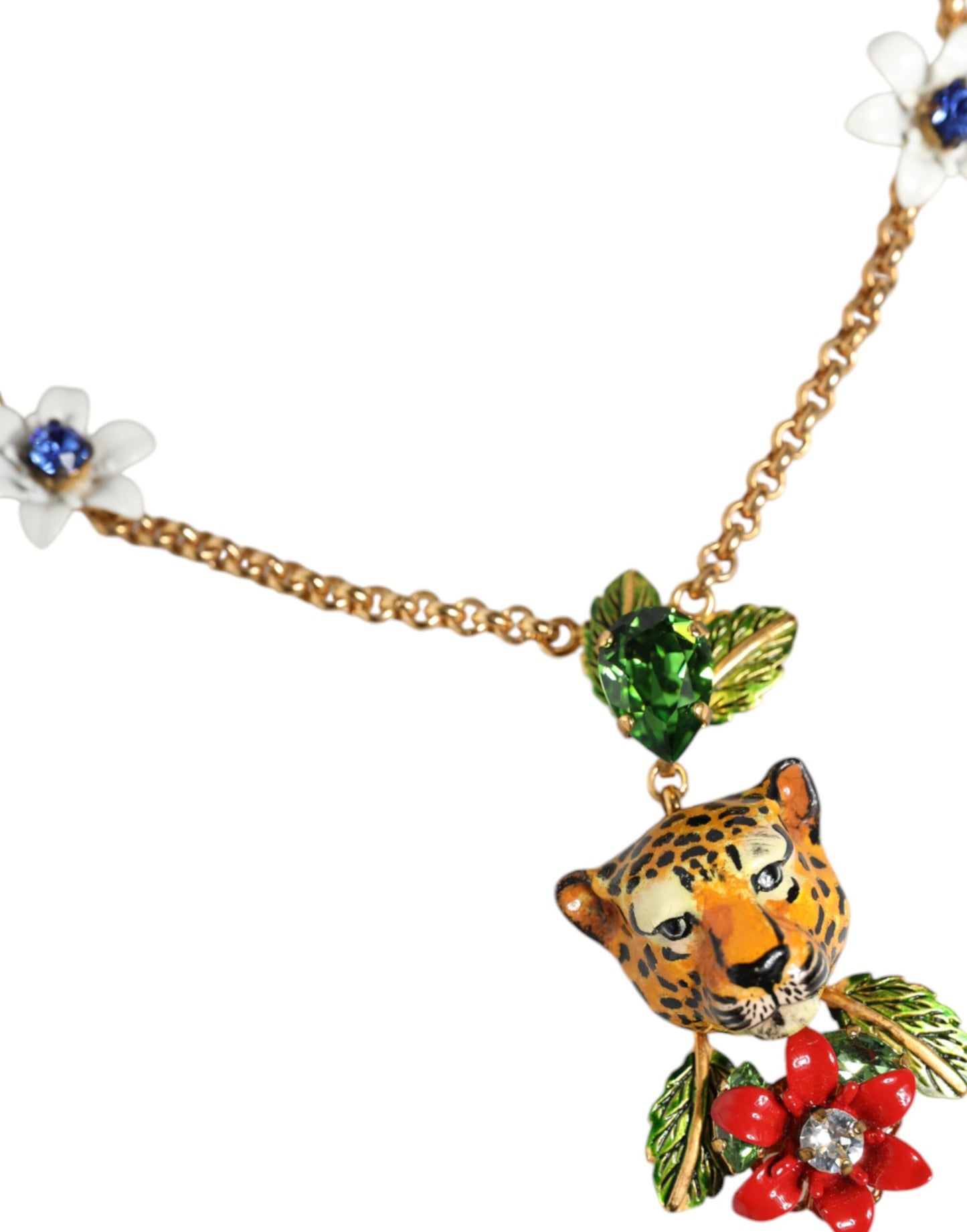 Gold Brass Leopard Flower Embellished Statement Necklace