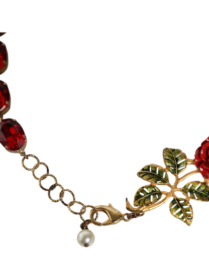 Gold Chain Brass Red Rose Crystal Embellished Necklace