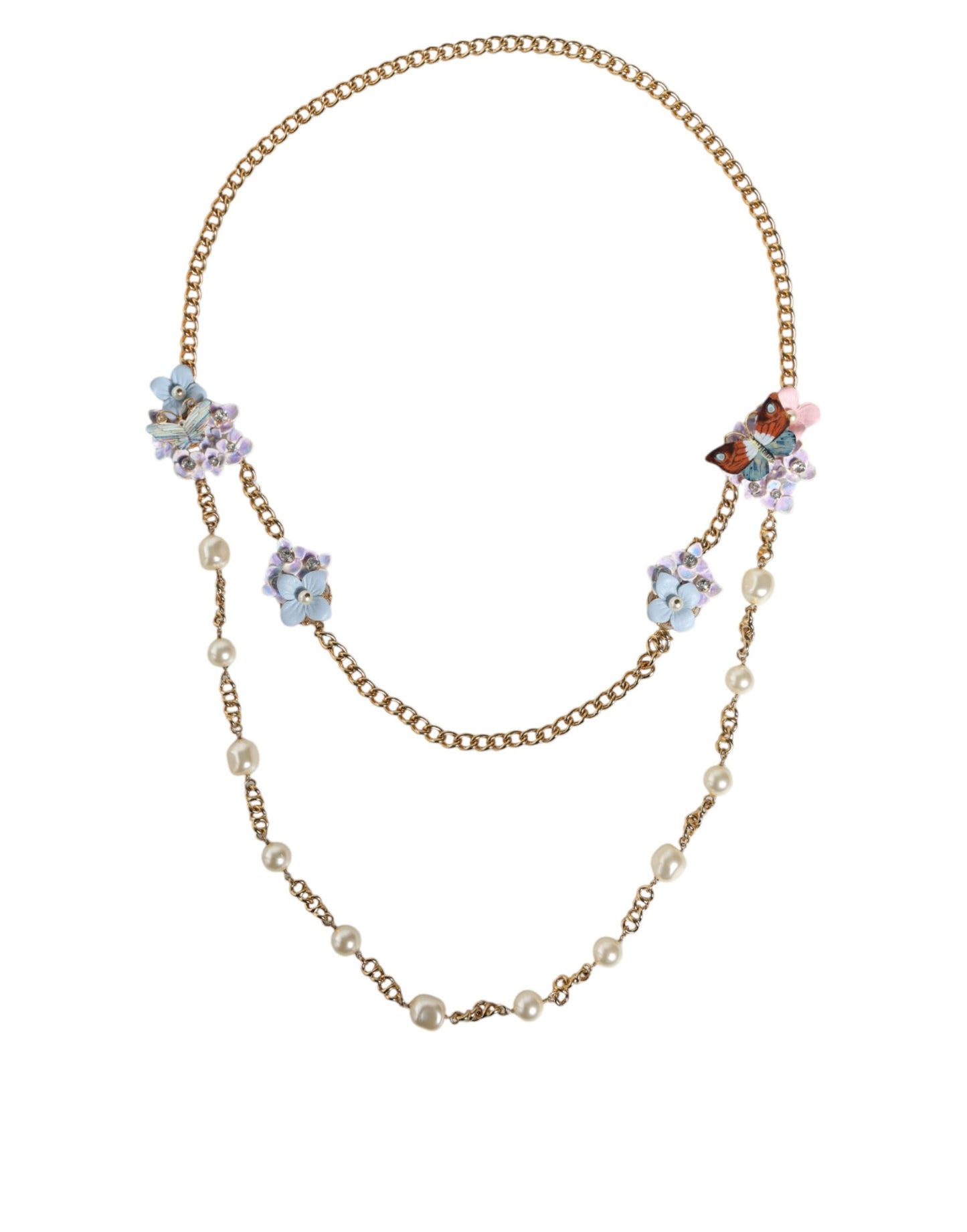 Gold Chain Brass Floral Layered Crystal Pearl Necklace