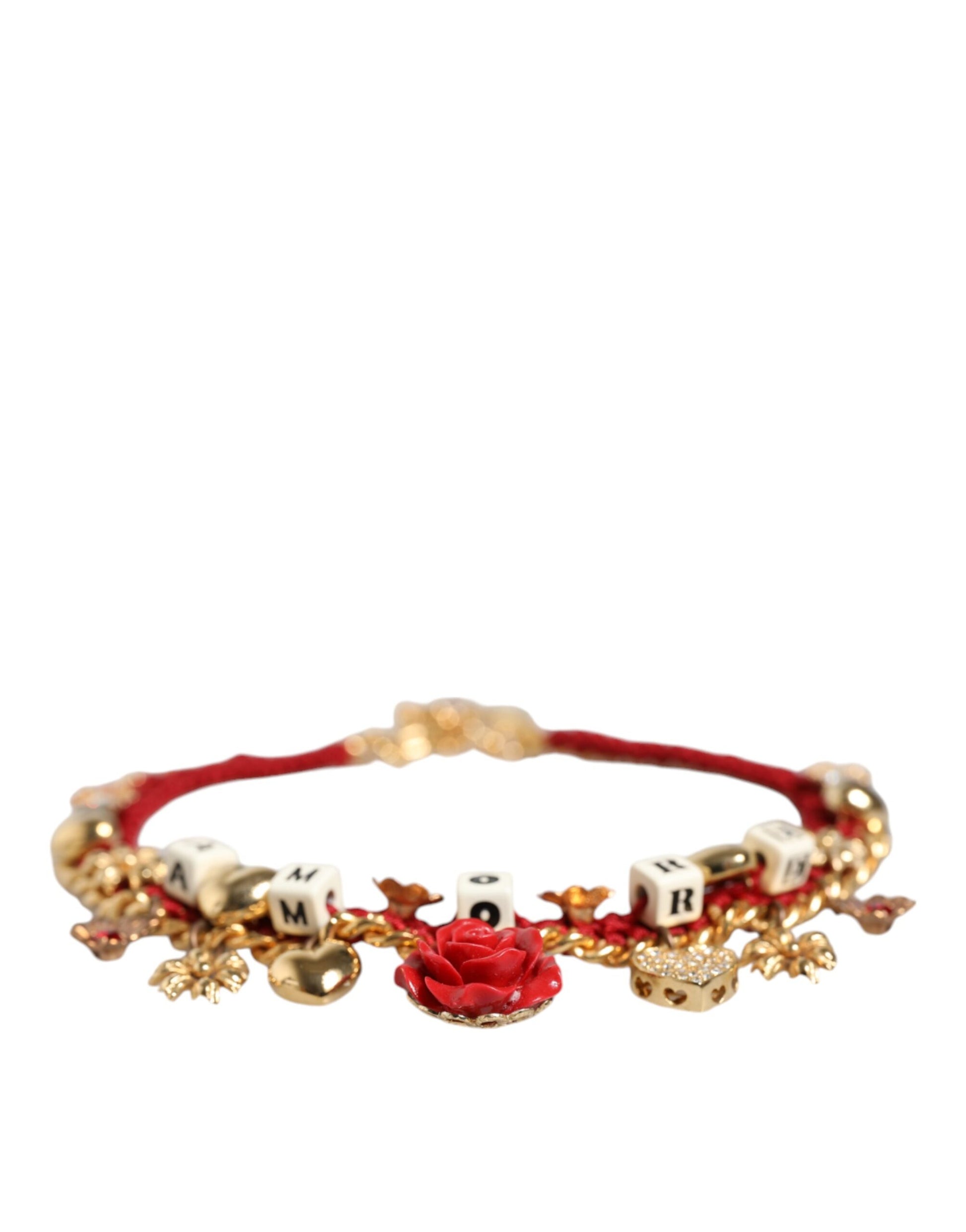 Gold Tone Choker Amore Red Floral Woven Charm Necklace