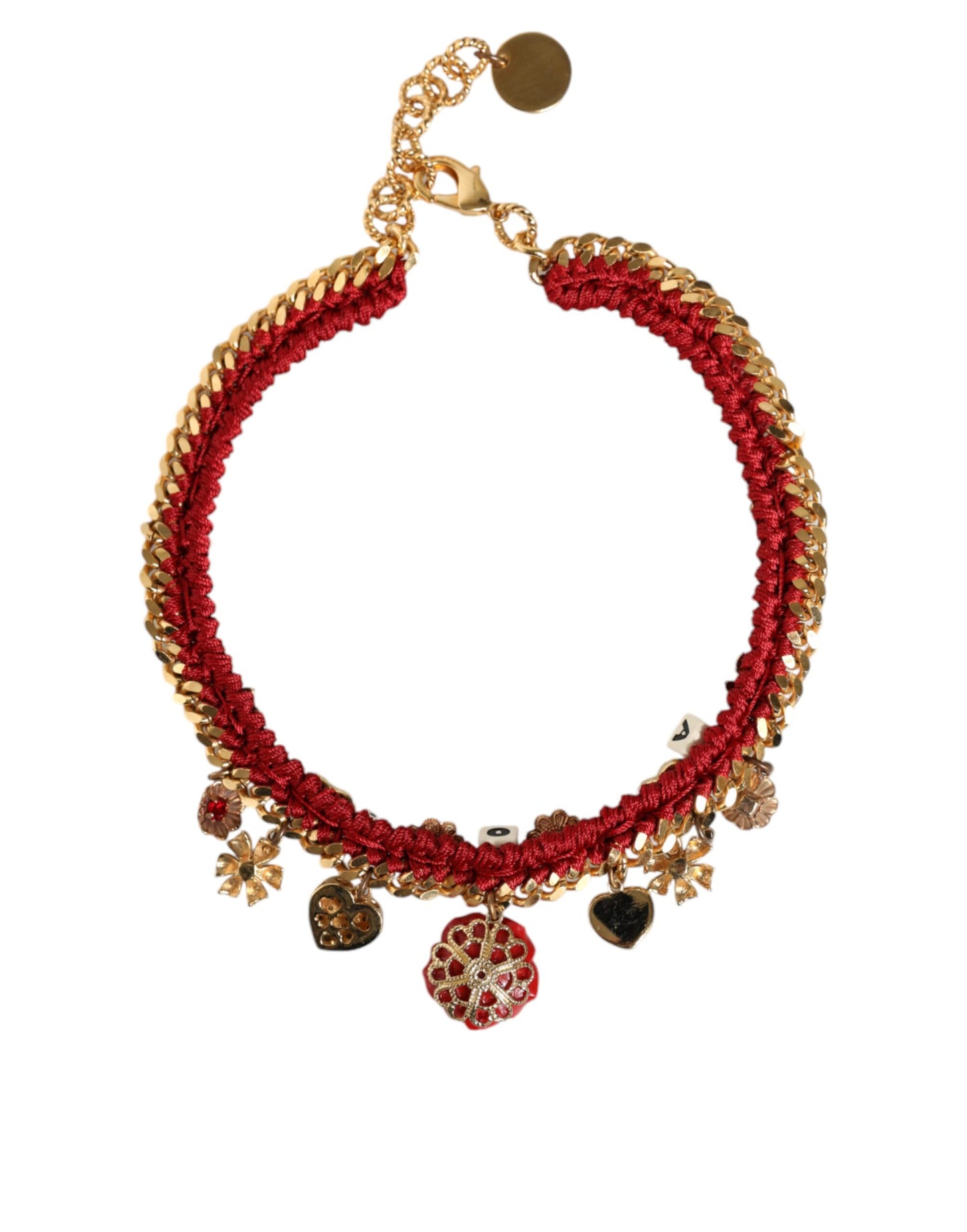 Gold Tone Choker Amore Red Floral Woven Charm Necklace