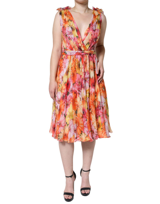 Multicolor Floral Sleeveless V-neck Midi Dress