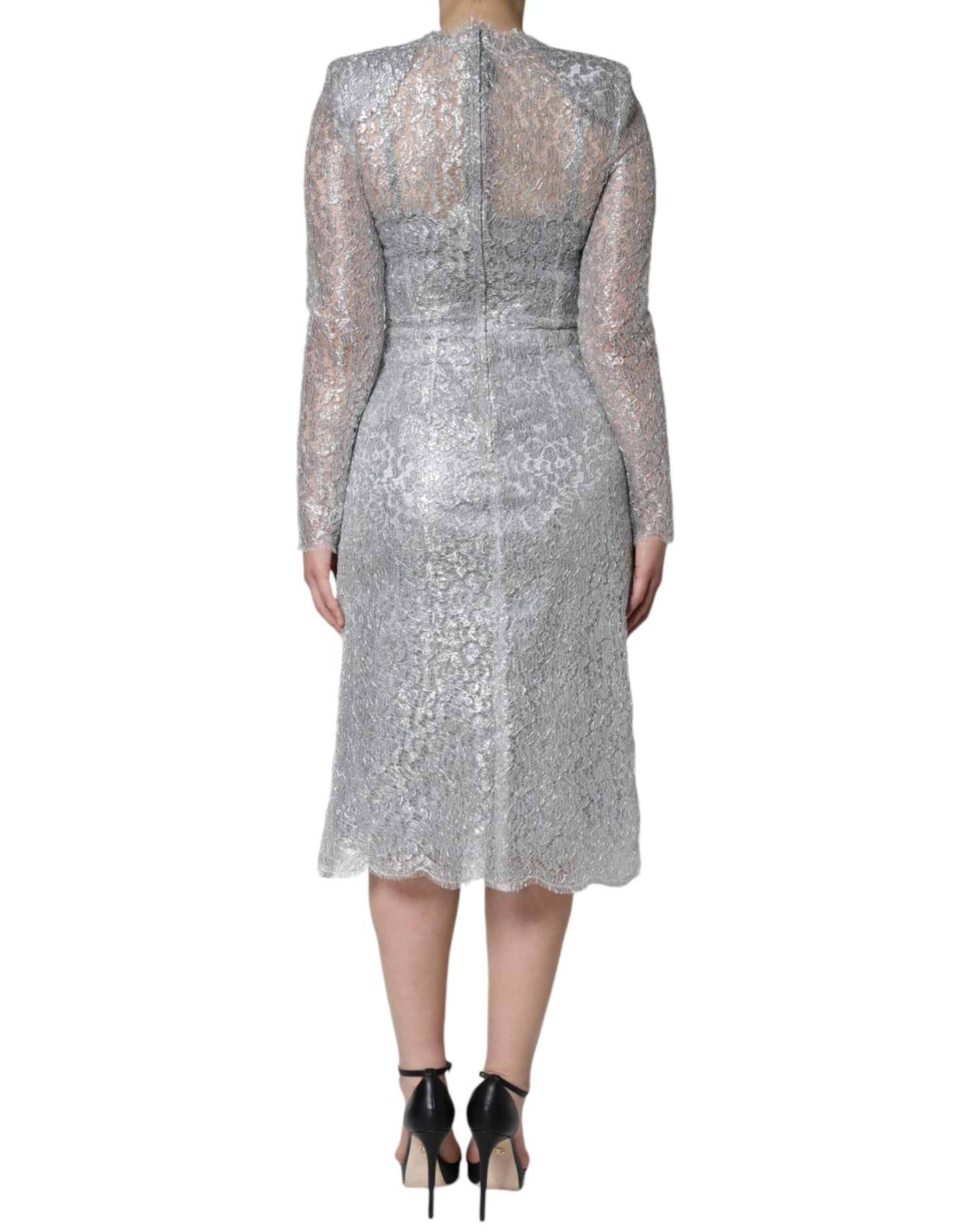 Silver Floral Lace Bodycon Sheath Midi Dress